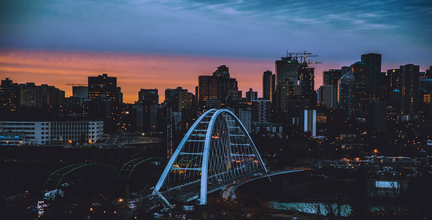 Edmonton, Alberta cityscape of bridge during dusk